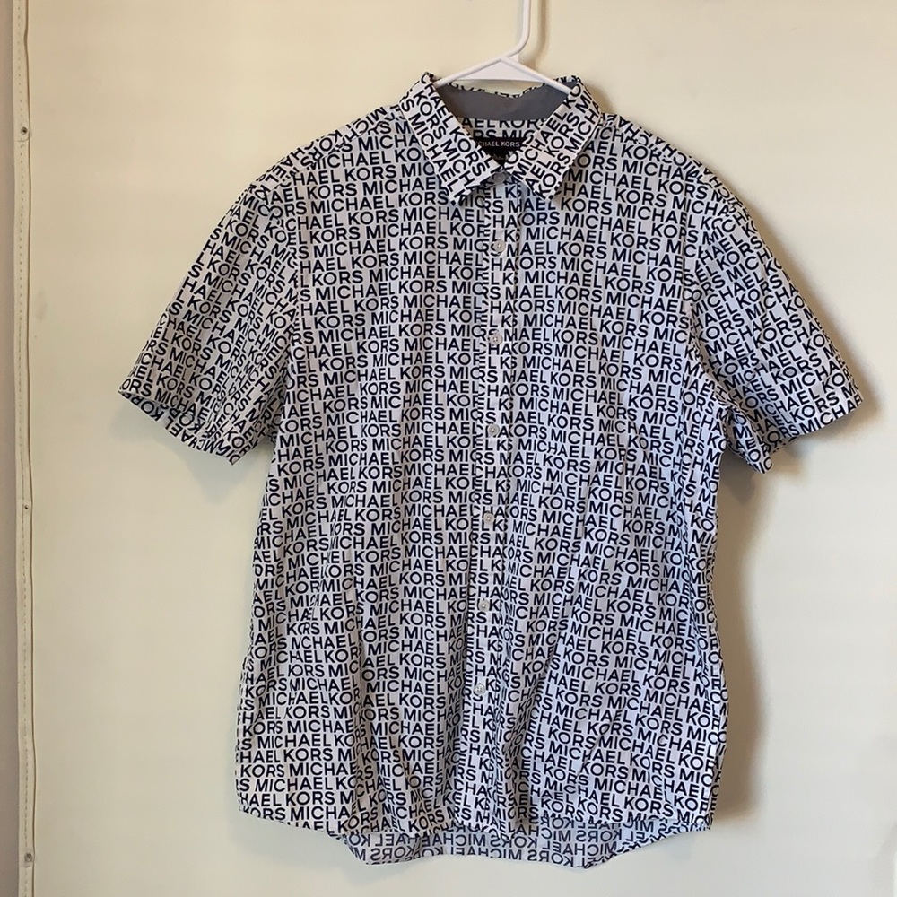 Michael Kors Button Down Short Sleeve - Large - White with navy blue letters